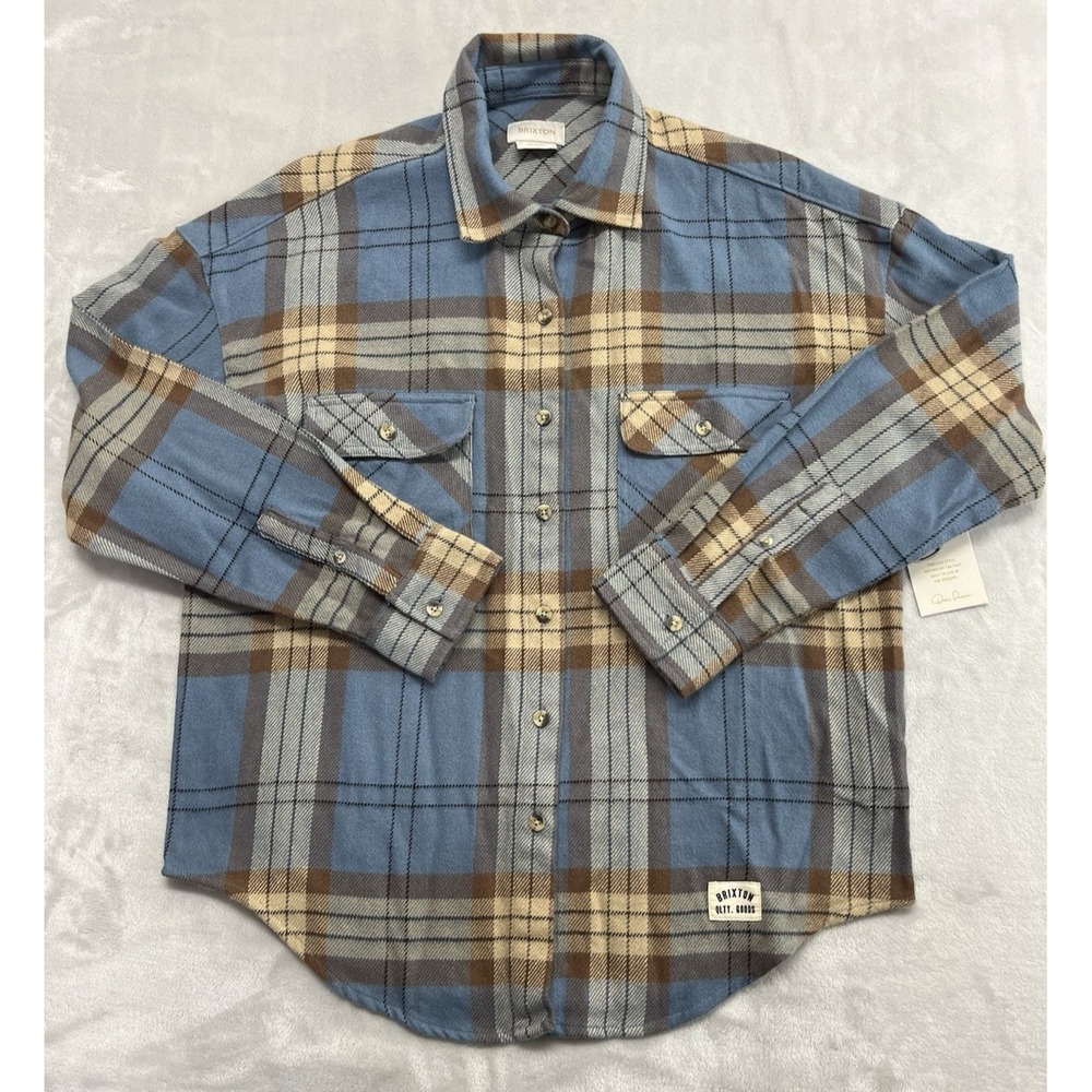 Brixton Bowery Flannel Shirt Mens XS Flint Blue Plaid Oversize Pockets NWT